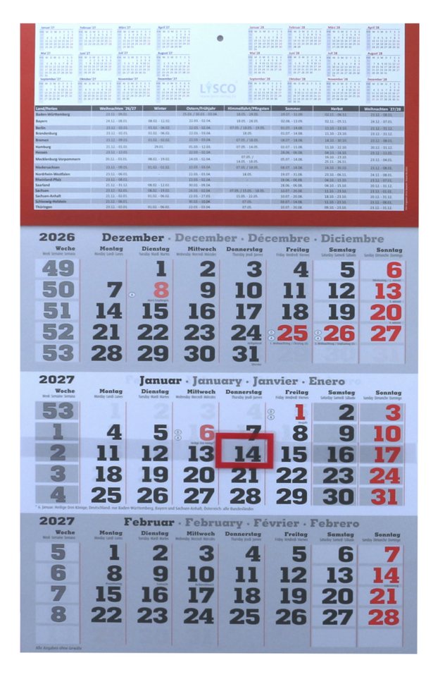 LYSCO Wandkalender Dreimonatskalender 2027 - 3 Monatskalender Wandkalender, werbefrei, 3 Monats Wandkalender inkl. Feiertage und Ferien Lieferung plano Bild 2