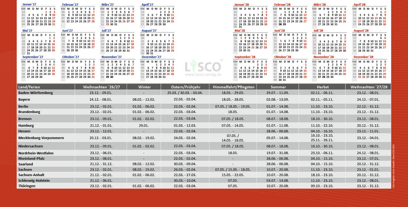 LYSCO Wandkalender Dreimonatskalender 2027 - 3 Monatskalender Wandkalender, werbefrei, 3 Monats Wandkalender inkl. Feiertage und Ferien Lieferung plano Bild 3