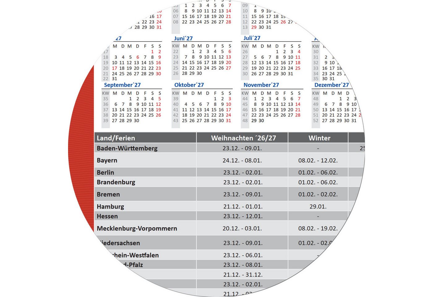 LYSCO Wandkalender Dreimonatskalender 2027 - 3 Monatskalender Wandkalender, werbefrei, 3 Monats Wandkalender inkl. Feiertage und Ferien Lieferung plano Bild 4