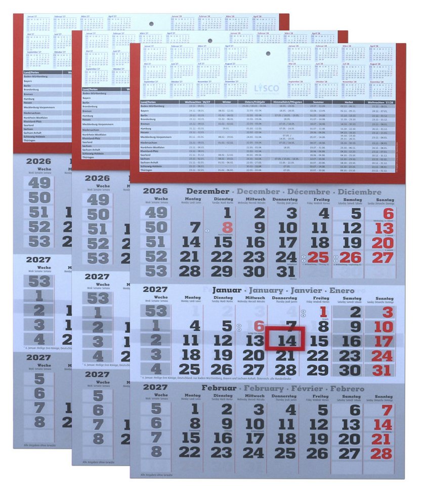 LYSCO Wandkalender Dreimonatskalender 2027 - 3 Monatskalender Wandkalender, werbefrei, 3 Monats Wandkalender inkl. Feiertage und Ferien Lieferung plano Bild 5