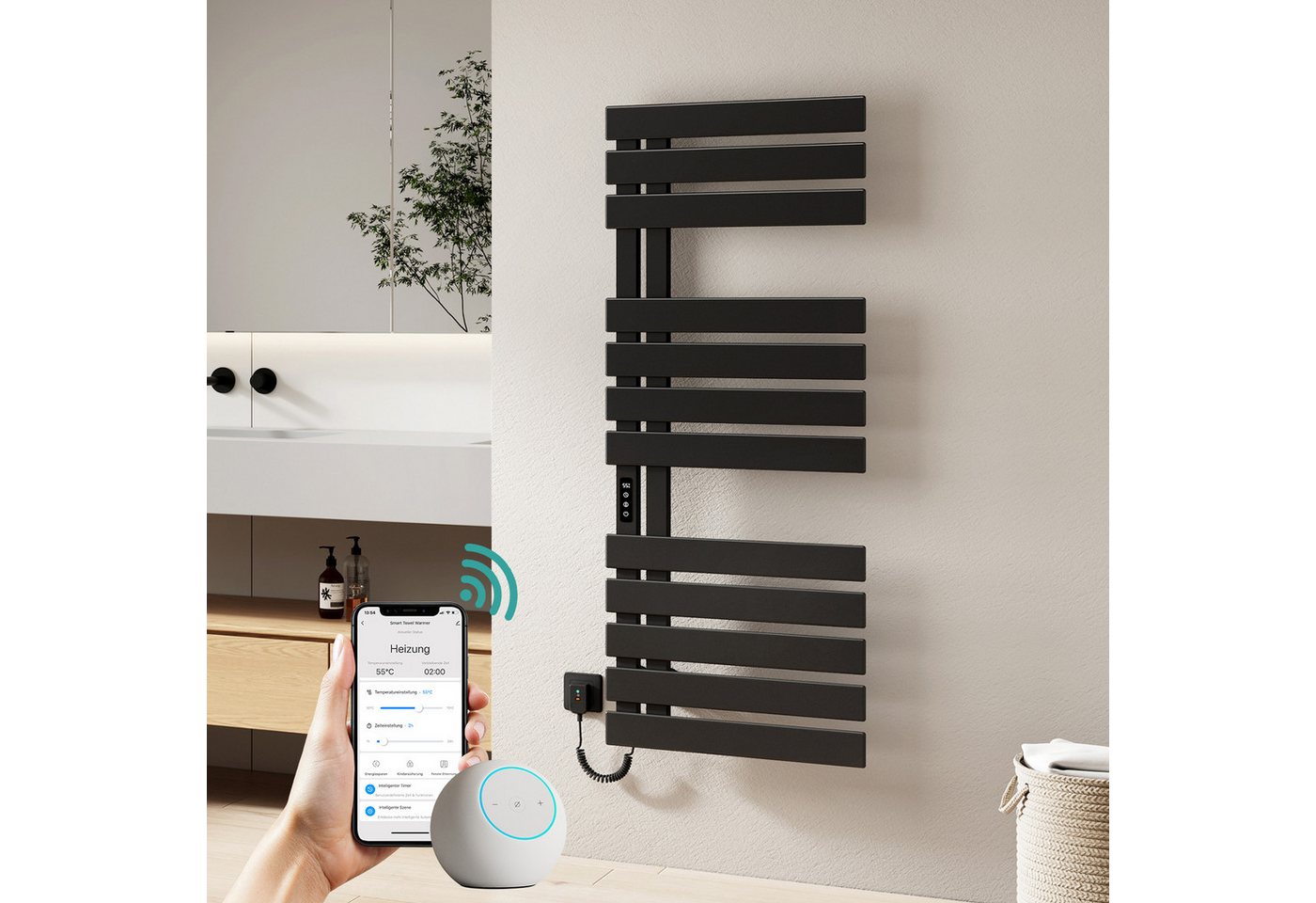 EMKE Elektrischer Badheizkörper Handtuchtrockner mit Smart Thermostat WLAN-/App-Steuerung Timer, Ausführung Link/recht Designheizkörper Flach Badheizkörper 135×50 cm