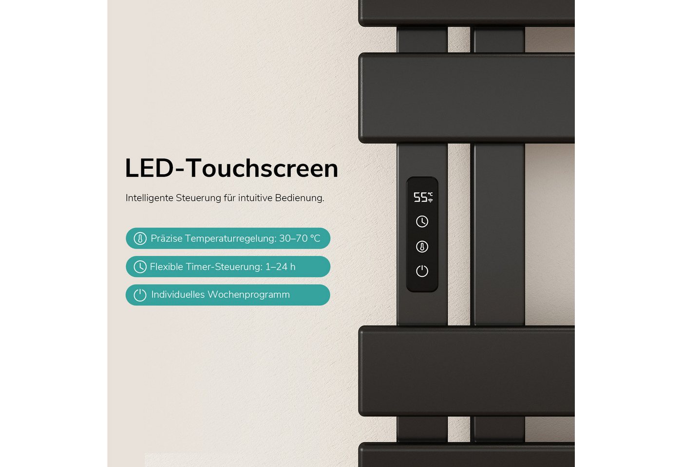 EMKE Elektrischer Badheizkörper Handtuchtrockner mit Smart Thermostat WLAN-/App-Steuerung Timer, Ausführung Link/recht Designheizkörper Flach Badheizkörper 135×50 cm Bild 2