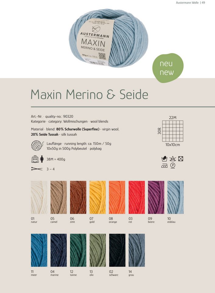 Austermann Maxin Merino & Seide Häkelwolle, 150 m, weicher luxeriöser Griff