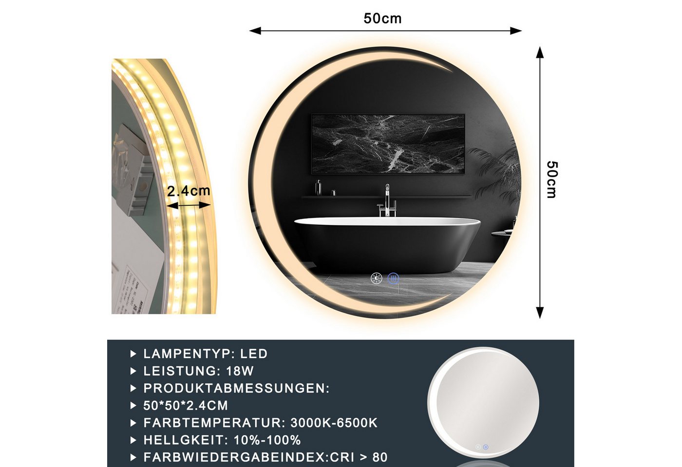 ZMH Badspiegel rund mit Beleuchtung, Badezimmerspiegel 3 Lichtfarben dimmbar, Touch-Schalter, Anti-Beschlag, Ø 50-80 cm,18W