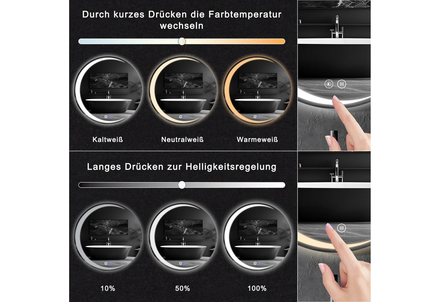 ZMH Badspiegel rund mit Beleuchtung, Badezimmerspiegel 3 Lichtfarben dimmbar, Touch-Schalter, Anti-Beschlag, Ø 50-80 cm,18W Bild 2