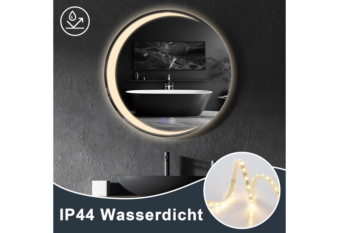 ZMH Badspiegel rund mit Beleuchtung, Badezimmerspiegel 3 Lichtfarben dimmbar, Touch-Schalter, Anti-Beschlag, Ø 50-80 cm,18W Bild 3