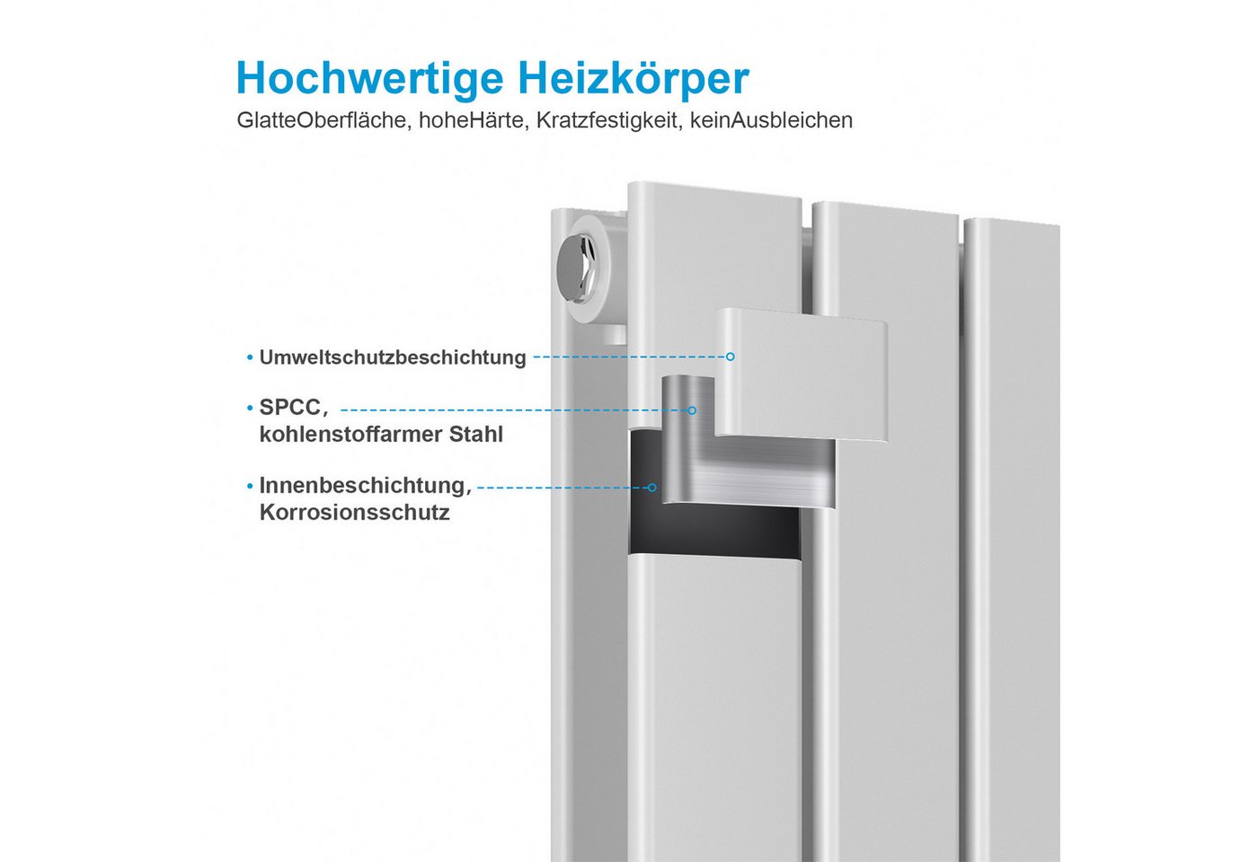 Heilmetz Heizkörper 180 × 61 cm 2227W, Doppellagig Flachheizkörper Vertikal, Mittel- und Seitenanschluss, G1/2, Weiß Bild 2