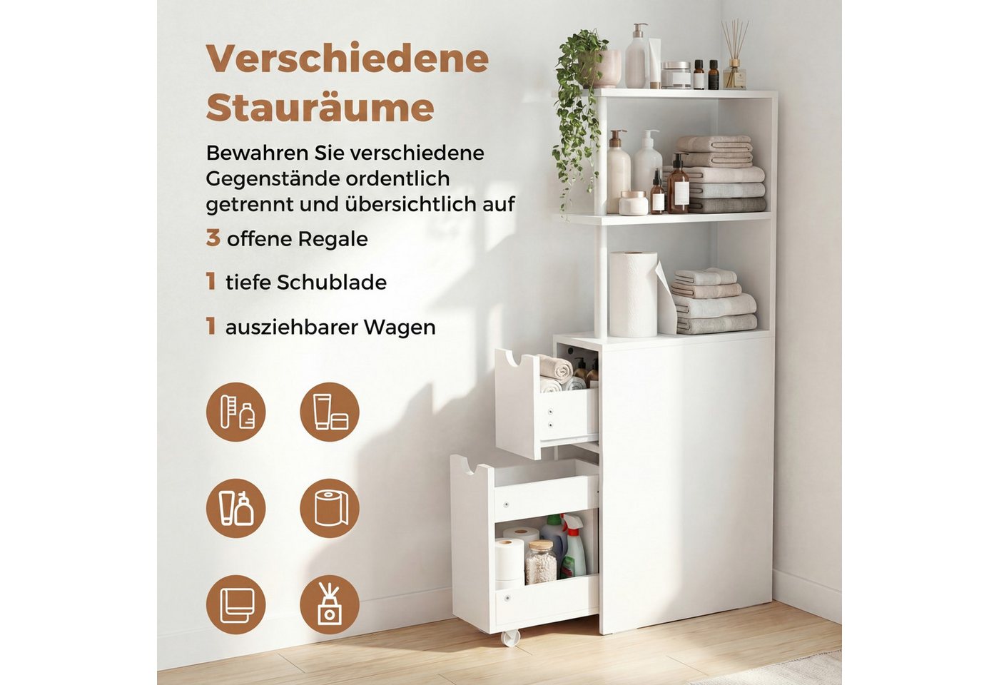 KOMFOTTEU Badkommode, Badezimmerschrank mit offenen Regalen, Rollschublade