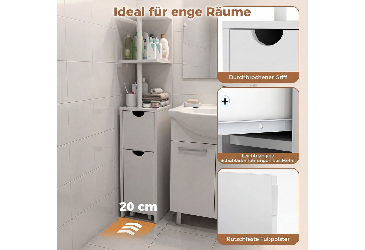 KOMFOTTEU Badkommode, Badezimmerschrank mit offenen Regalen, Rollschublade Bild 2