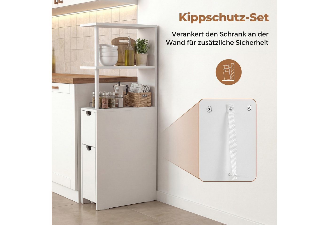 KOMFOTTEU Badkommode, Badezimmerschrank mit offenen Regalen, Rollschublade Bild 4