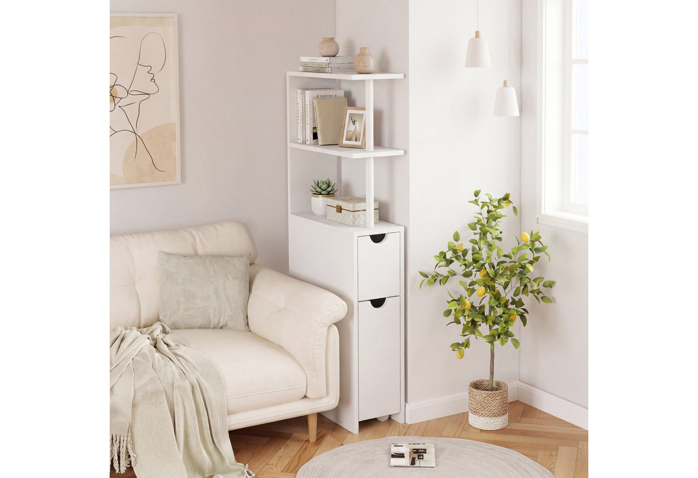 KOMFOTTEU Badkommode, Badezimmerschrank mit offenen Regalen, Rollschublade Bild 5