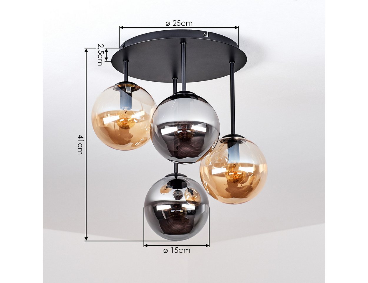 hofstein Deckenleuchte Deckenlampe aus Metall/Glas in Schwarz/Rauch-/Bernsteinfarben, moderne Deckenleuchte im Retro/Vintage-Design, 4 x E14 Bild 5
