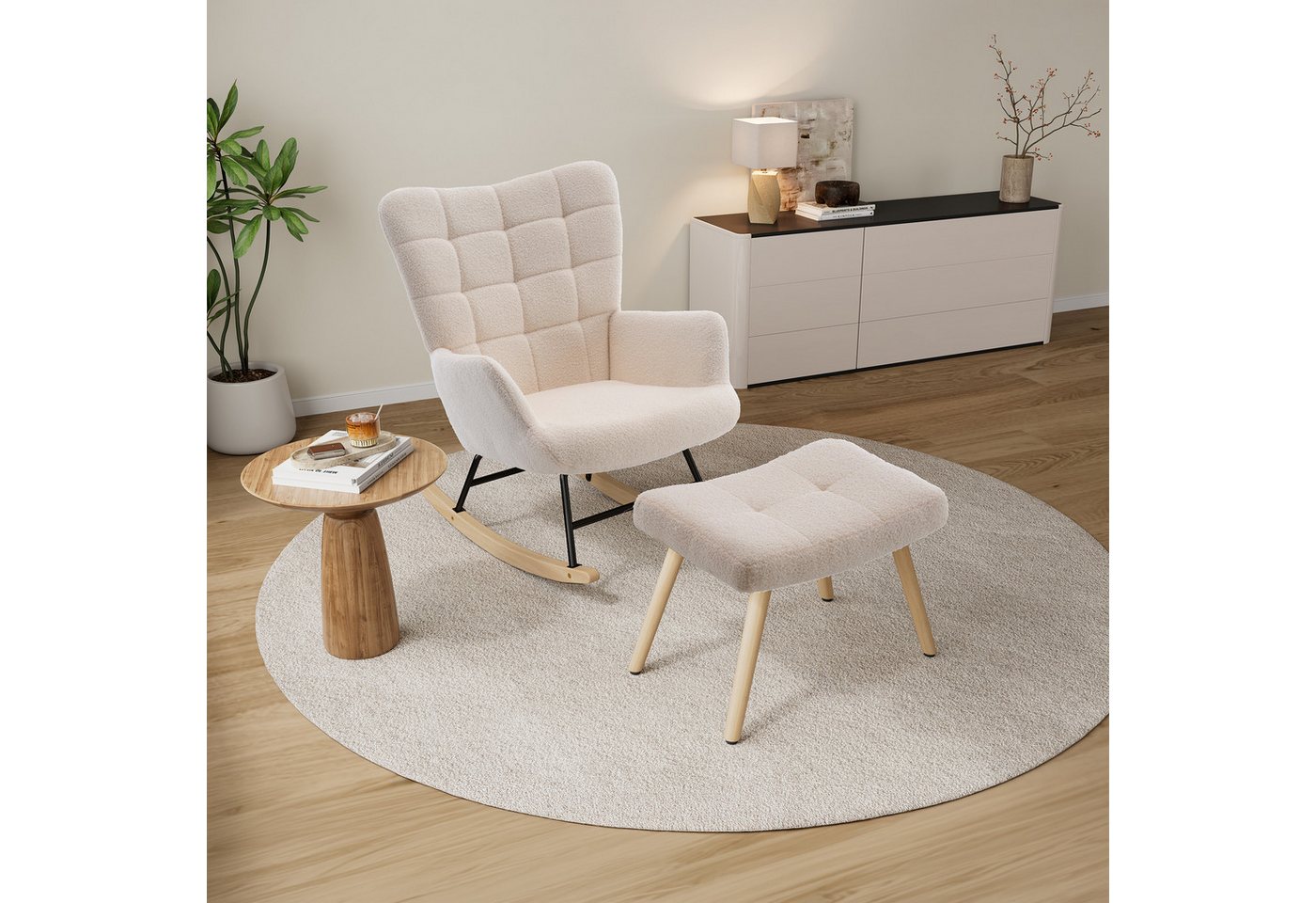 HAUSS SPOLE Schaukelstuhl mit Fußhocker, gepolsterter Relaxsessel mit Holzschaukelfüßen,Beige (Relaxsessel-Set mit Wippfunktion und Beistellhocker), Lounge-Sessel mit separatem Fußhocker und Holzschaukelfüßen