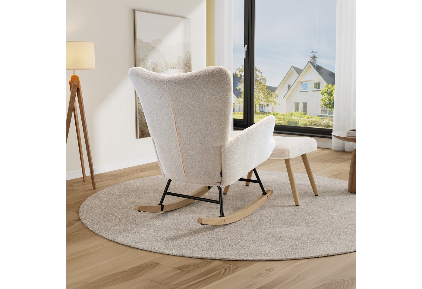 HAUSS SPOLE Schaukelstuhl mit Fußhocker, gepolsterter Relaxsessel mit Holzschaukelfüßen,Beige (Relaxsessel-Set mit Wippfunktion und Beistellhocker), Lounge-Sessel mit separatem Fußhocker und Holzschaukelfüßen Bild 2