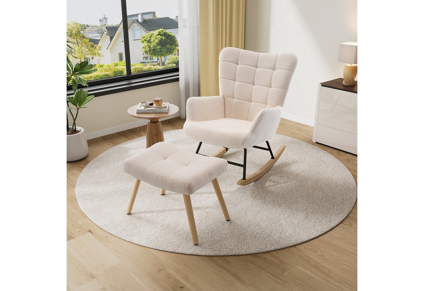 HAUSS SPOLE Schaukelstuhl mit Fußhocker, gepolsterter Relaxsessel mit Holzschaukelfüßen,Beige (Relaxsessel-Set mit Wippfunktion und Beistellhocker), Lounge-Sessel mit separatem Fußhocker und Holzschaukelfüßen Bild 3