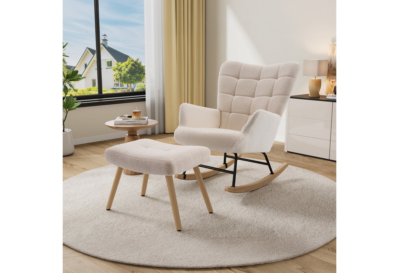 HAUSS SPOLE Schaukelstuhl mit Fußhocker, gepolsterter Relaxsessel mit Holzschaukelfüßen,Beige (Relaxsessel-Set mit Wippfunktion und Beistellhocker), Lounge-Sessel mit separatem Fußhocker und Holzschaukelfüßen Bild 4