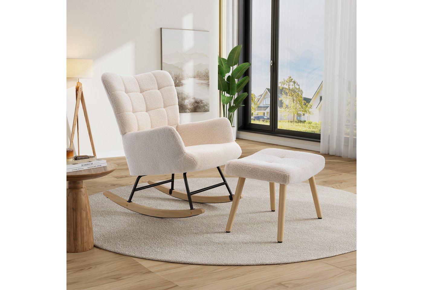 HAUSS SPOLE Schaukelstuhl mit Fußhocker, gepolsterter Relaxsessel mit Holzschaukelfüßen,Beige (Relaxsessel-Set mit Wippfunktion und Beistellhocker), Lounge-Sessel mit separatem Fußhocker und Holzschaukelfüßen Bild 5