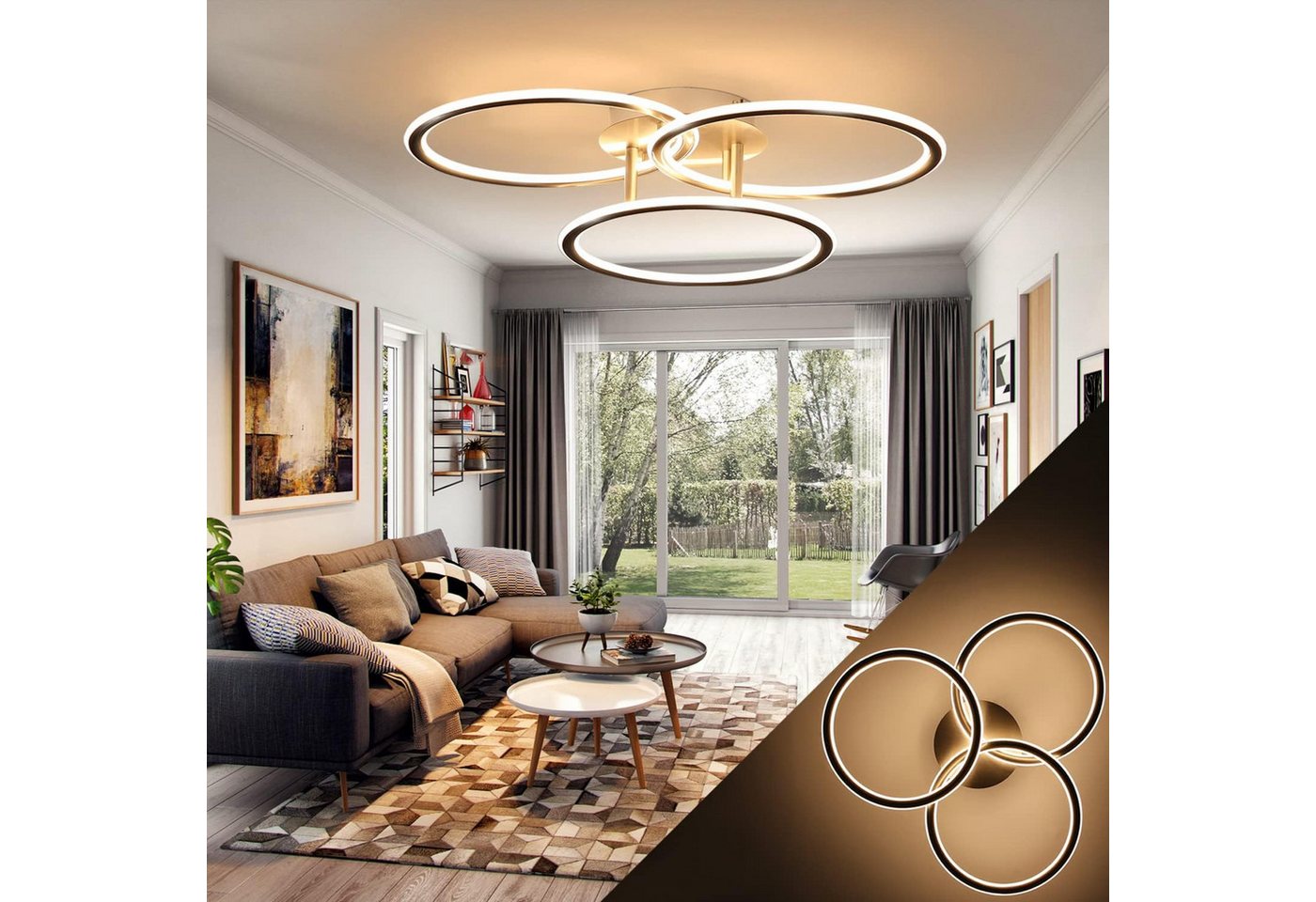 ZMH LED Deckenleuchte Wohnzimmer 3 Ringe Design 41W Deckenlampe 3000K Bürolampe Hotel, warmweiß, LED fest integriert, Warmweiß Bild 5