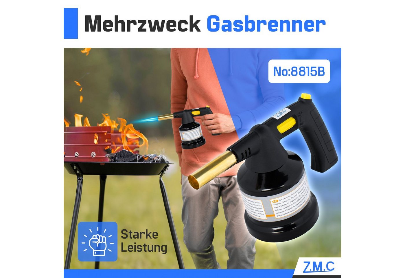 ZMC Flambierbrenner Gasbrenner 1,3 kW Kohleanzünder +Gaskartuschen mit einstellbare Flamme, (mit Piezo-Zündung, Temperatur von bis zu 1350 ° C Butangasbrenner, 0-tlg), Bunsenbrenner Lötbrenner Brenneraufsatz Küchenbrenner Flambiergerät Bild 2