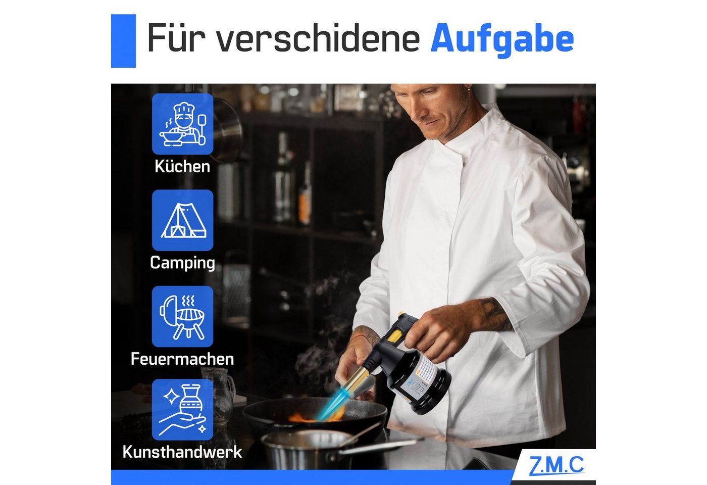 ZMC Flambierbrenner Gasbrenner 1,3 kW Kohleanzünder +Gaskartuschen mit einstellbare Flamme, (mit Piezo-Zündung, Temperatur von bis zu 1350 ° C Butangasbrenner, 0-tlg), Bunsenbrenner Lötbrenner Brenneraufsatz Küchenbrenner Flambiergerät Bild 5