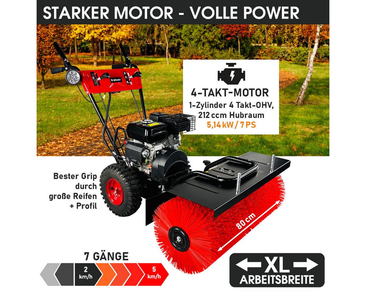 BRAST Benzin-Kehrmaschine 4-Takt Markenmotor, wechselbare Aufsätze, 5 Modelle, (inkl. Kehrbürste Laubsammler Schneeschieber), 3in1 Funktion