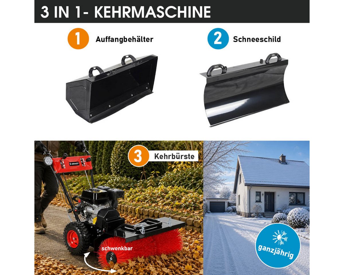 BRAST Benzin-Kehrmaschine 4-Takt Markenmotor, wechselbare Aufsätze, 5 Modelle, (inkl. Kehrbürste Laubsammler Schneeschieber), 3in1 Funktion Bild 2