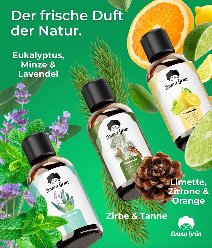 Emma Grün Sauna-Aufgussset holzig, frisch & spritzig, 3x 100ml (3-tlg) 100% naturreine ätherische Bio-Öle Bild 3