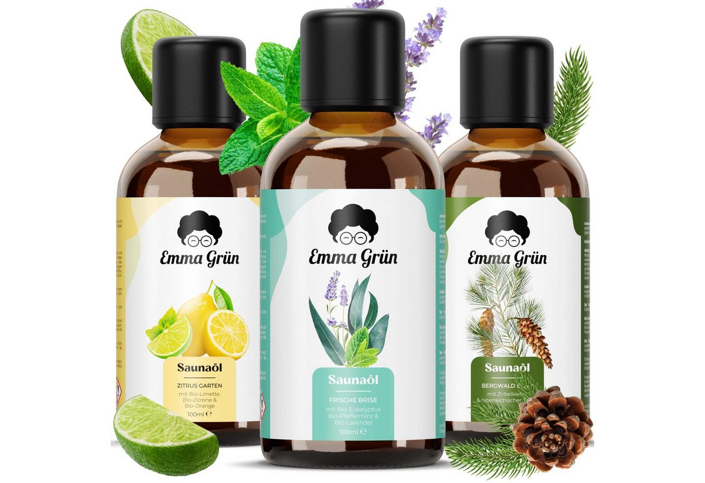 Emma Grün Sauna-Aufgussset holzig, frisch & spritzig, 3x 100ml (3-tlg) 100% naturreine ätherische Bio-Öle Bild 5