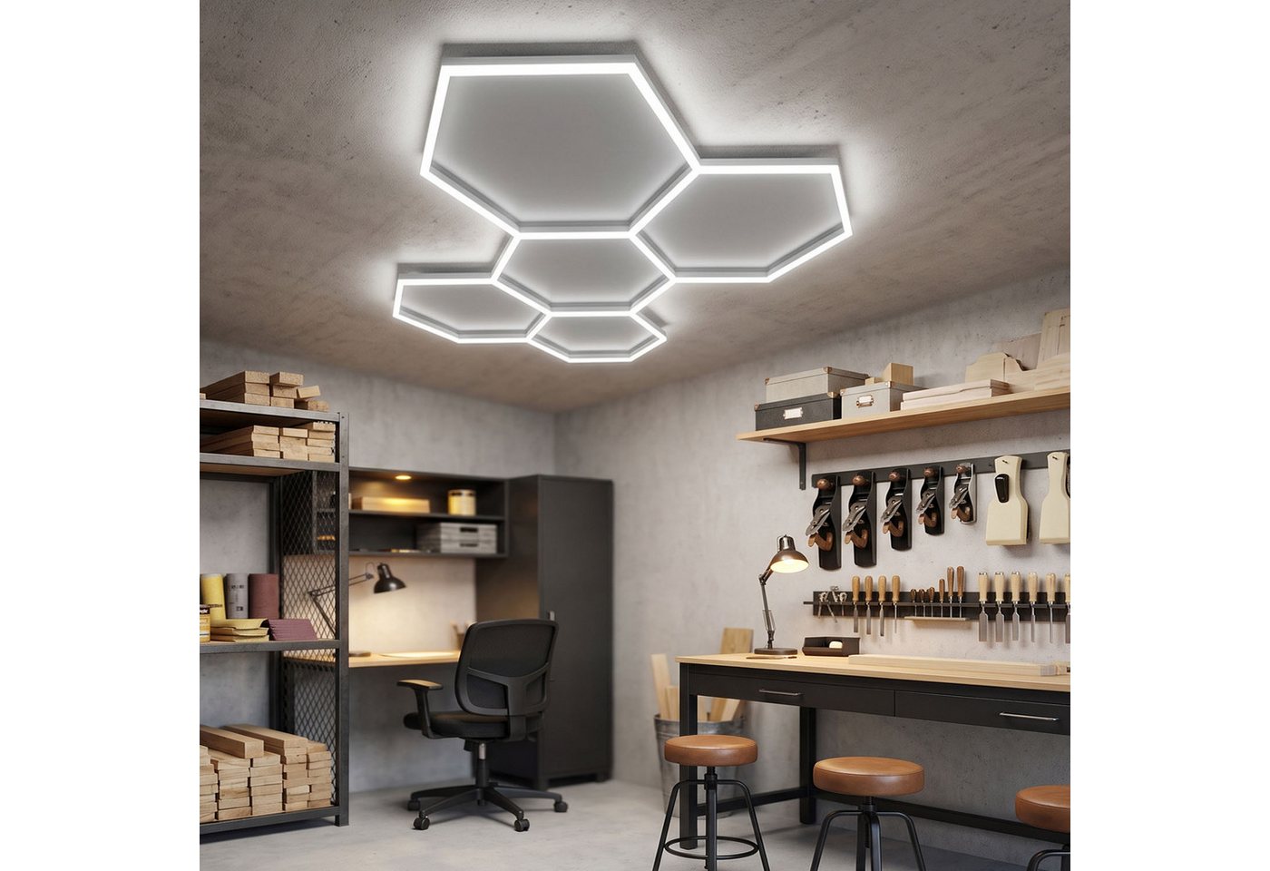 oyajia Deckenleuchte 5/14 Packs Hexagon Größer, LED Deckenleuchte Garage Light 720W 86400lm, ohne Rand, LED fest integriert, ‎Kaltweiß, LED Deckenleuchte für Garage, Studio, Parkplatz, Auto-Detailing-Shop Bild 5