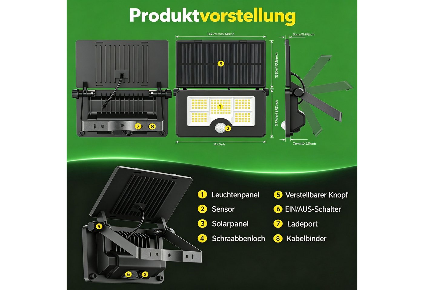 Toomoke LED Solarleuchte Solarlampen für Außen mit Bewegungsmelder, 232 LED Solar Strahler, LED fest integriert, Kaltweiß, Solar Wandleuchte für Garten Außenbereich 232 LED 4 Modi Strahler Bild 2