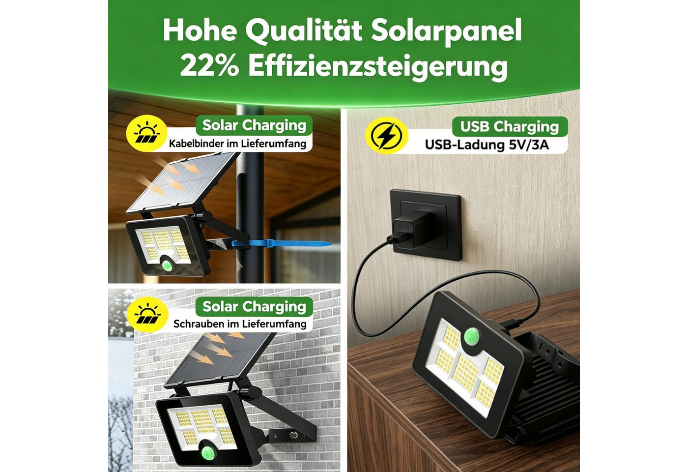 Toomoke LED Solarleuchte Solarlampen für Außen mit Bewegungsmelder, 232 LED Solar Strahler, LED fest integriert, Kaltweiß, Solar Wandleuchte für Garten Außenbereich 232 LED 4 Modi Strahler Bild 3