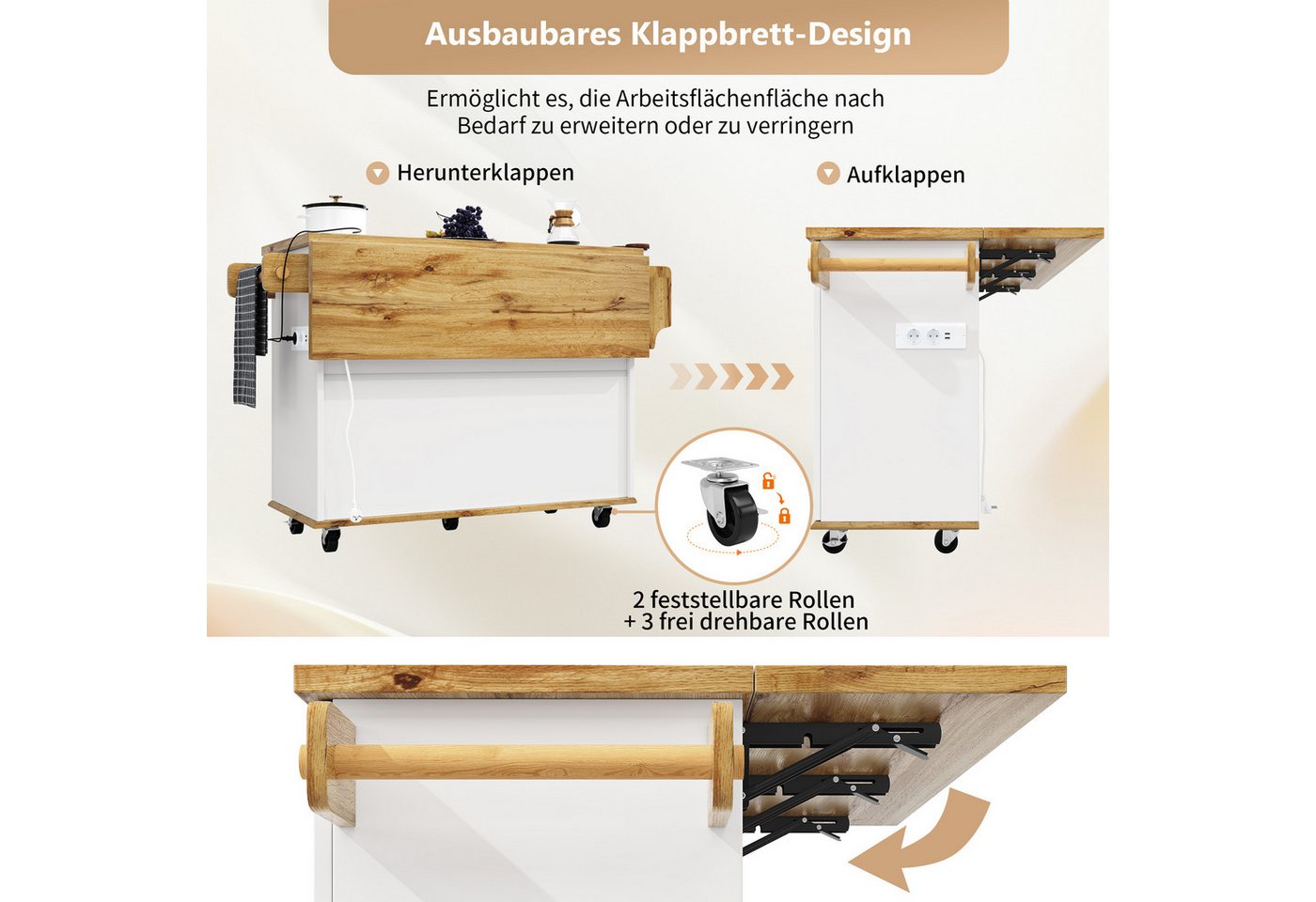 i@home Kücheninsel Servierwagen, (ausklappbarer Arbeitsplatte & Stromanschluss), auf Rollen freistehender Küchenwagen mit geometrischer Muster Bild 4