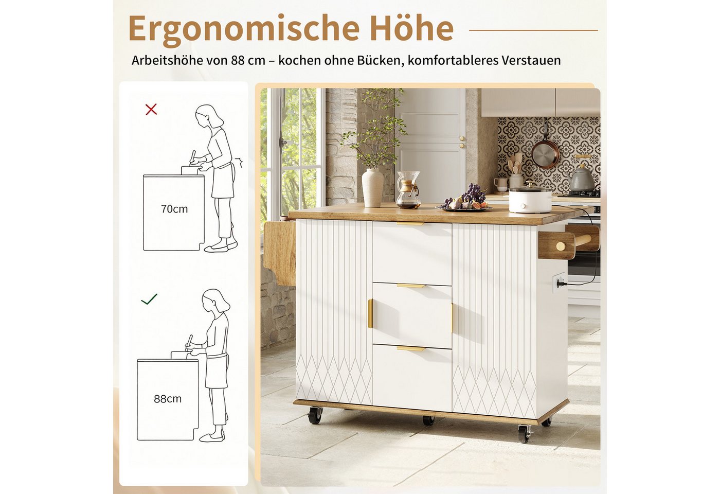 i@home Kücheninsel Servierwagen, (ausklappbarer Arbeitsplatte & Stromanschluss), auf Rollen freistehender Küchenwagen mit geometrischer Muster Bild 5