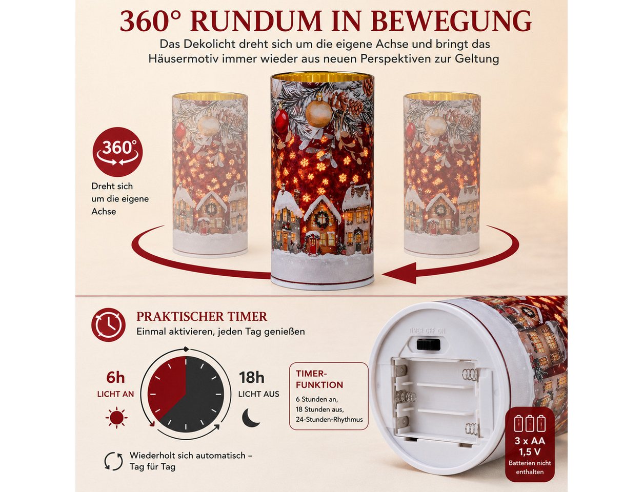formano LED Dekolicht LED-Dekolicht 20 cm mit 360°-Drehfunktion und Timer 6h/18h Weihnachten, LED fest integriert Bild 3