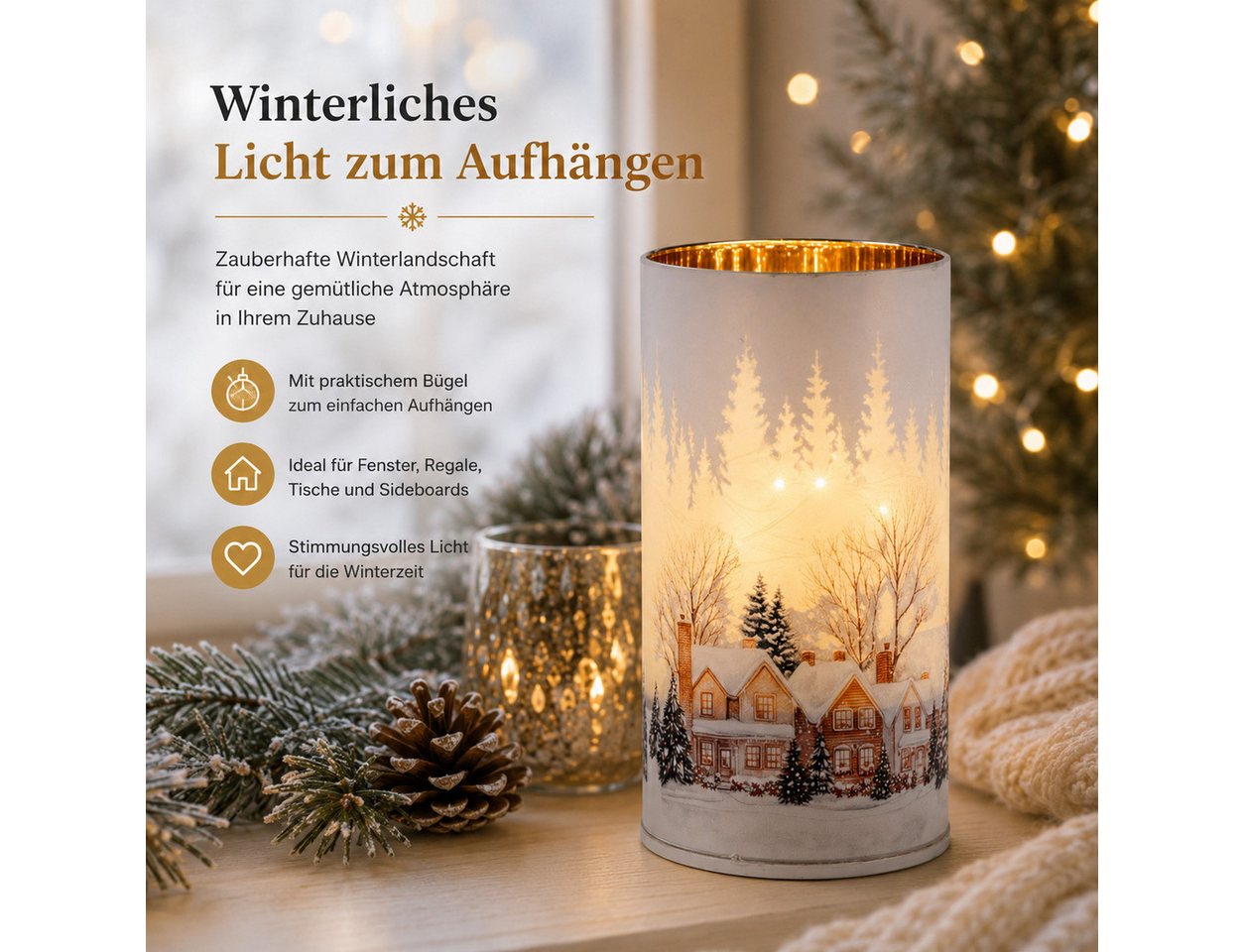 formano LED Dekolicht LED-Dekolicht 20 cm drehend Glas Winterdorf Timer 6h/18h Weihnachten, LED fest integriert
