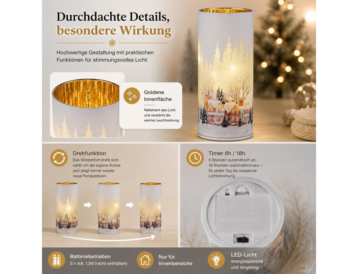 formano LED Dekolicht LED-Dekolicht 20 cm drehend Glas Winterdorf Timer 6h/18h Weihnachten, LED fest integriert Bild 2