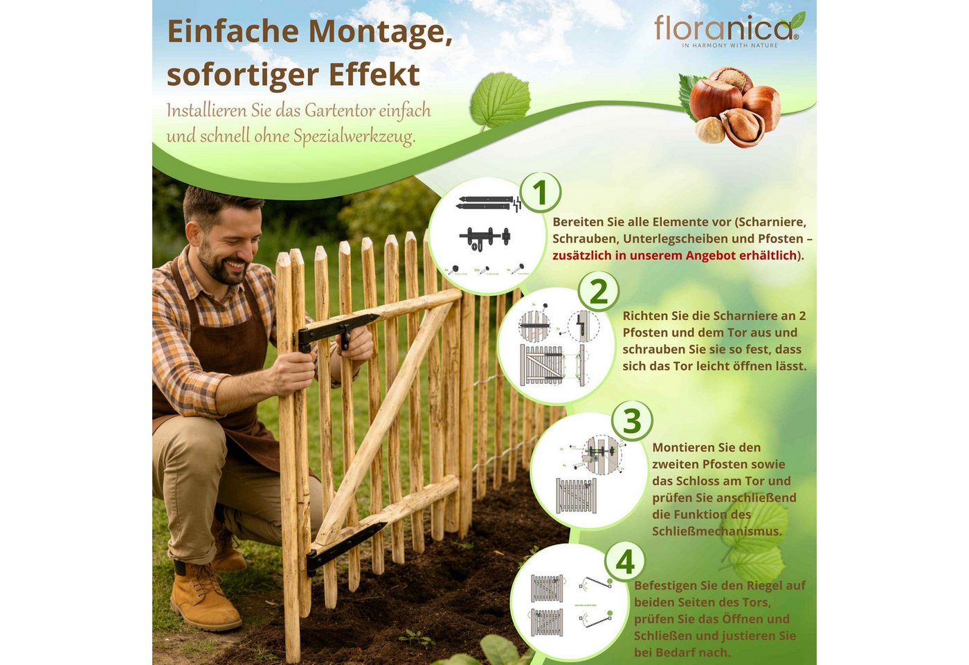 Floranica Gartentor Zauntor aus Haselnussholz Staketentor für Staketenzaun inkl Scharniere, (50 x 100 cm, 2 St. fertig montiert), Hoftor Tor aus Holz Bauerntor Bild 3