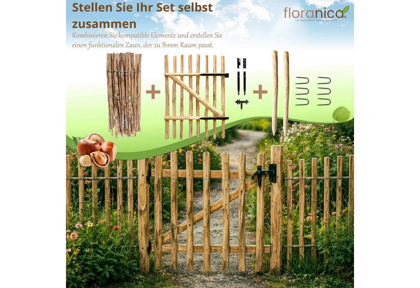 Floranica Gartentor Zauntor aus Haselnussholz Staketentor für Staketenzaun inkl Scharniere, (50 x 100 cm, 2 St. fertig montiert), Hoftor Tor aus Holz Bauerntor Bild 4
