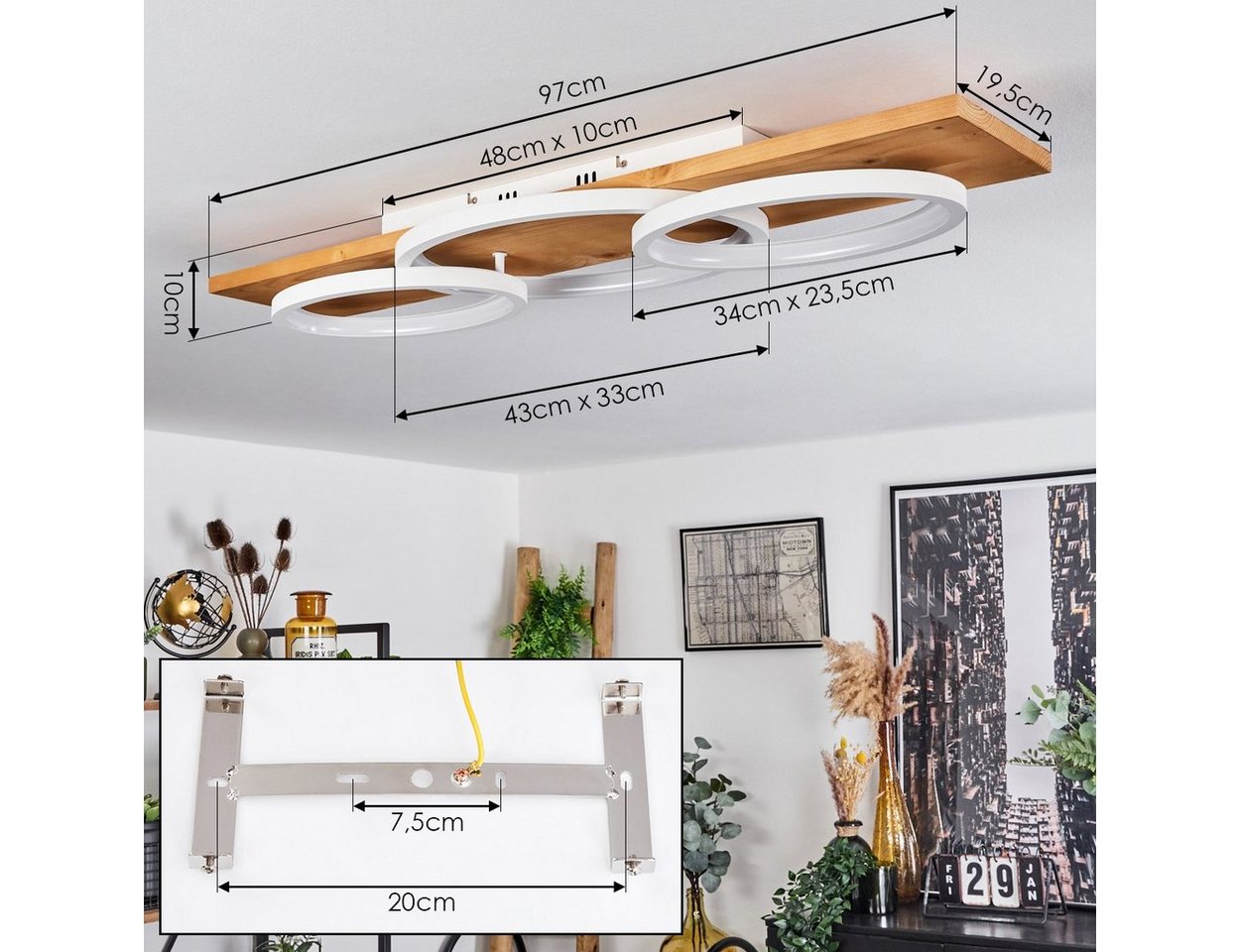 hofstein Deckenleuchte »Palermo« moderne Deckenlampe aus Metall/Holz/Kunststoff in Natur/Weiß, 3000 Kelvin, 97cm, dimmbar über Lichtschalter, 4700 Lumen, 1xLED 40 Watt