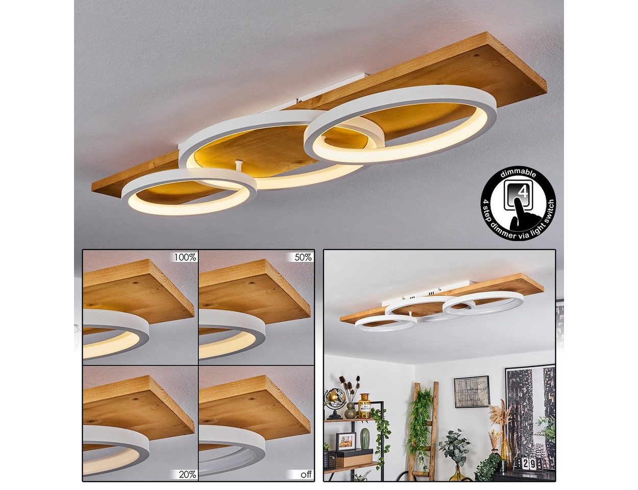 hofstein Deckenleuchte »Palermo« moderne Deckenlampe aus Metall/Holz/Kunststoff in Natur/Weiß, 3000 Kelvin, 97cm, dimmbar über Lichtschalter, 4700 Lumen, 1xLED 40 Watt Bild 2