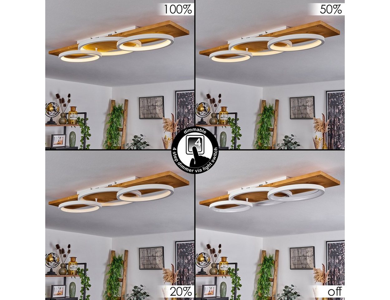 hofstein Deckenleuchte »Palermo« moderne Deckenlampe aus Metall/Holz/Kunststoff in Natur/Weiß, 3000 Kelvin, 97cm, dimmbar über Lichtschalter, 4700 Lumen, 1xLED 40 Watt Bild 3