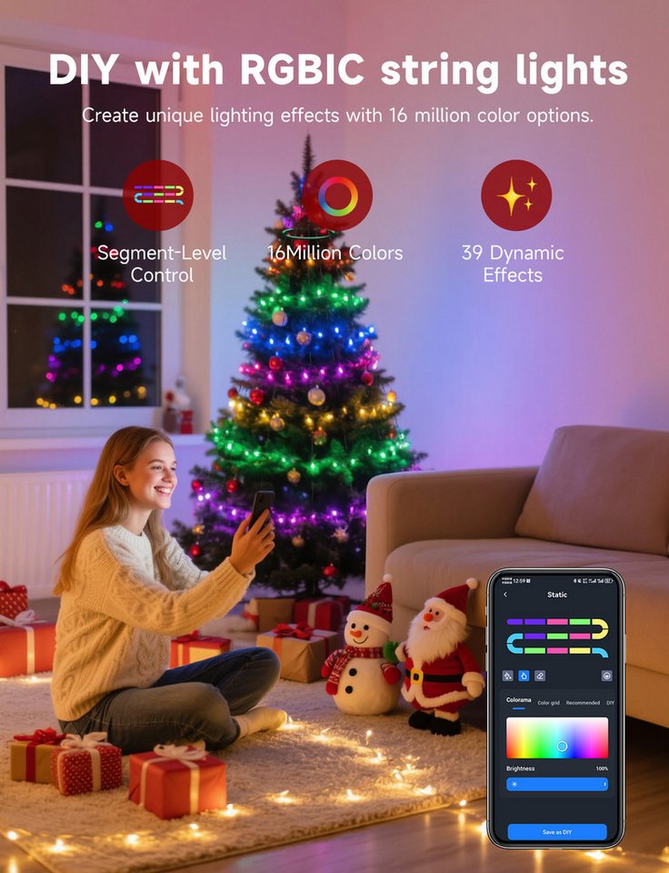 Aigostar LED-Baummantel RGBIC Smart Lichterkette mit Ring Bild 4