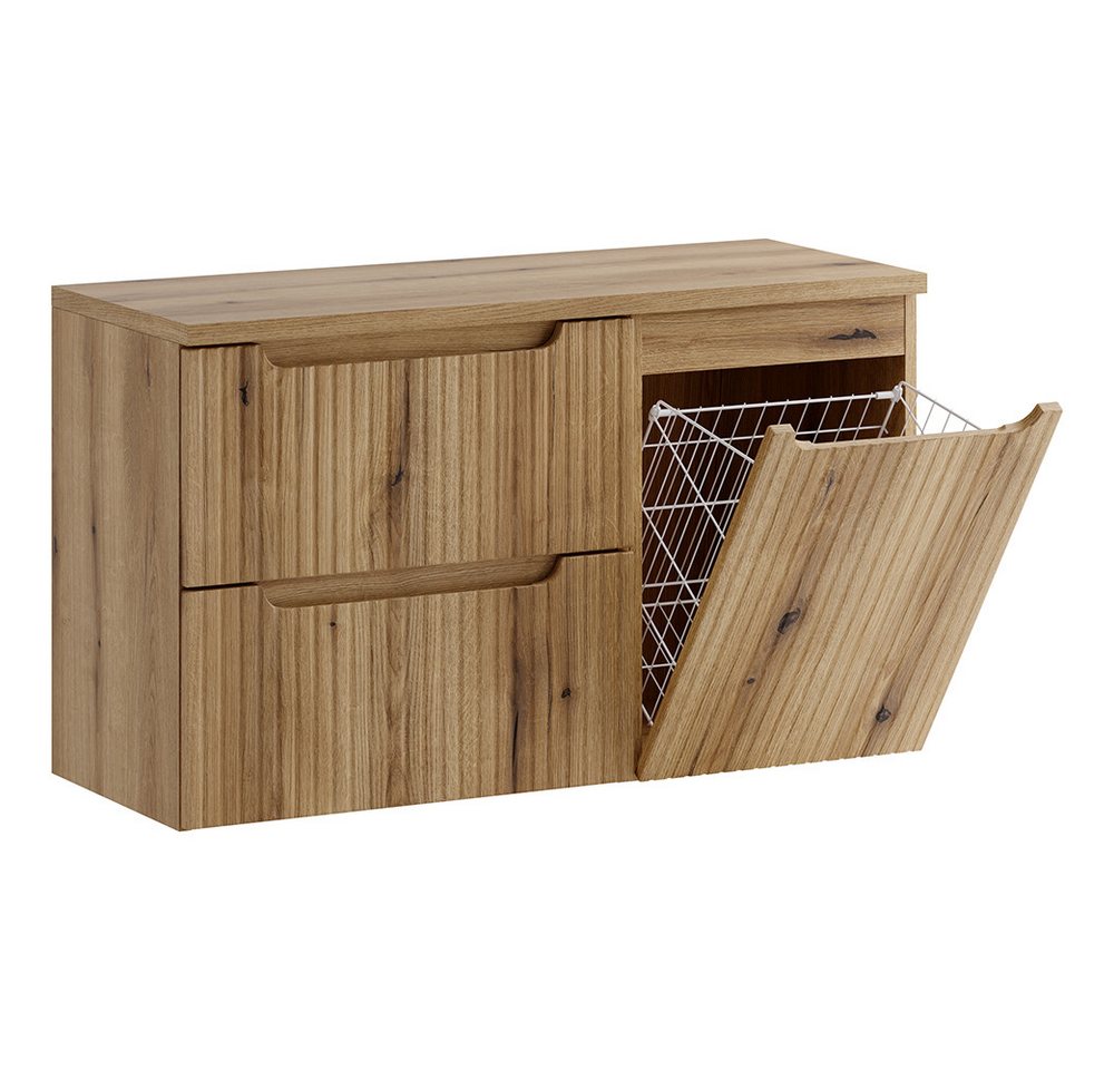Lomadox Waschbeckenschrank NEWPORT-56-EVOKE 100 cm breit in Eiche, gerillte Front, 2 Schubladen & Wäschekorb Bild 4