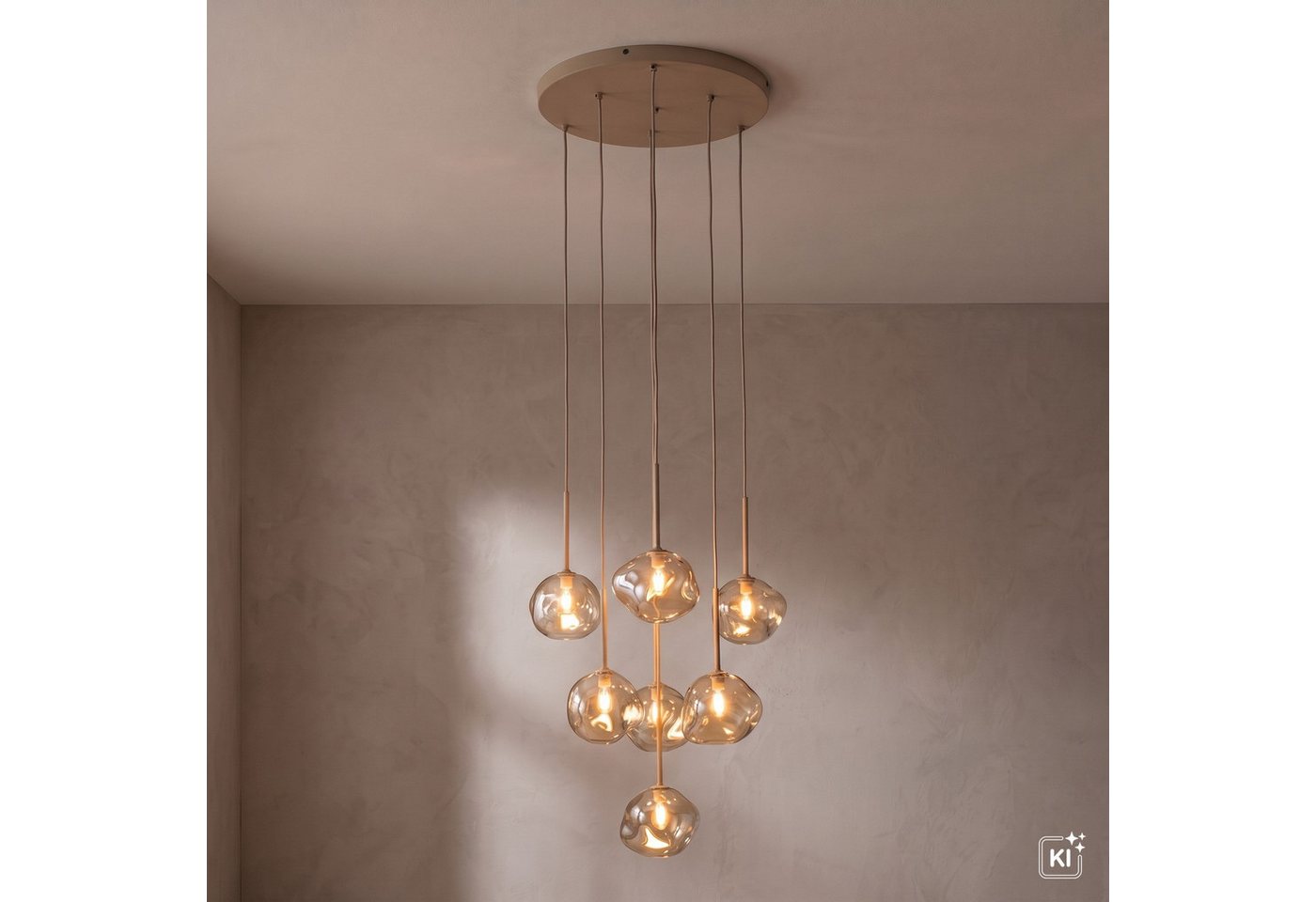 Licht-Erlebnisse Pendelleuchte UMERA, ohne Leuchtmittel, Metall Glas G9 B: 485 cm H: max. 150 cm Sandfarben Cognac Modern Bild 3