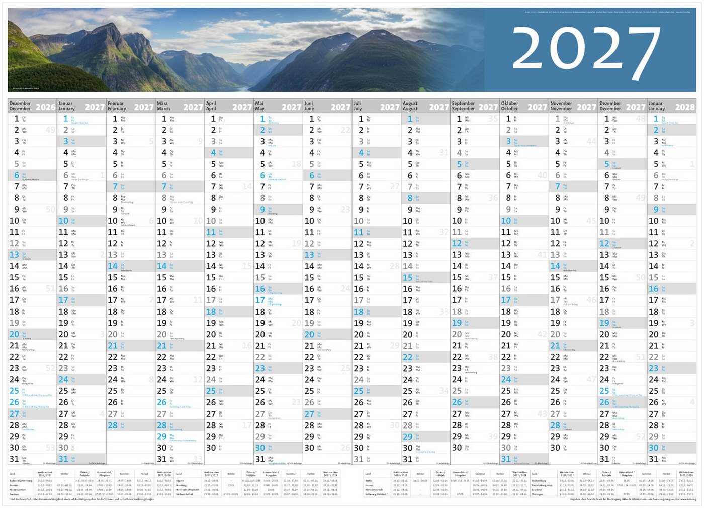 Anschütz Panoramakalender Panorama Wandplaner - Jahresplaner 2027 - 90 x 65 cm groß