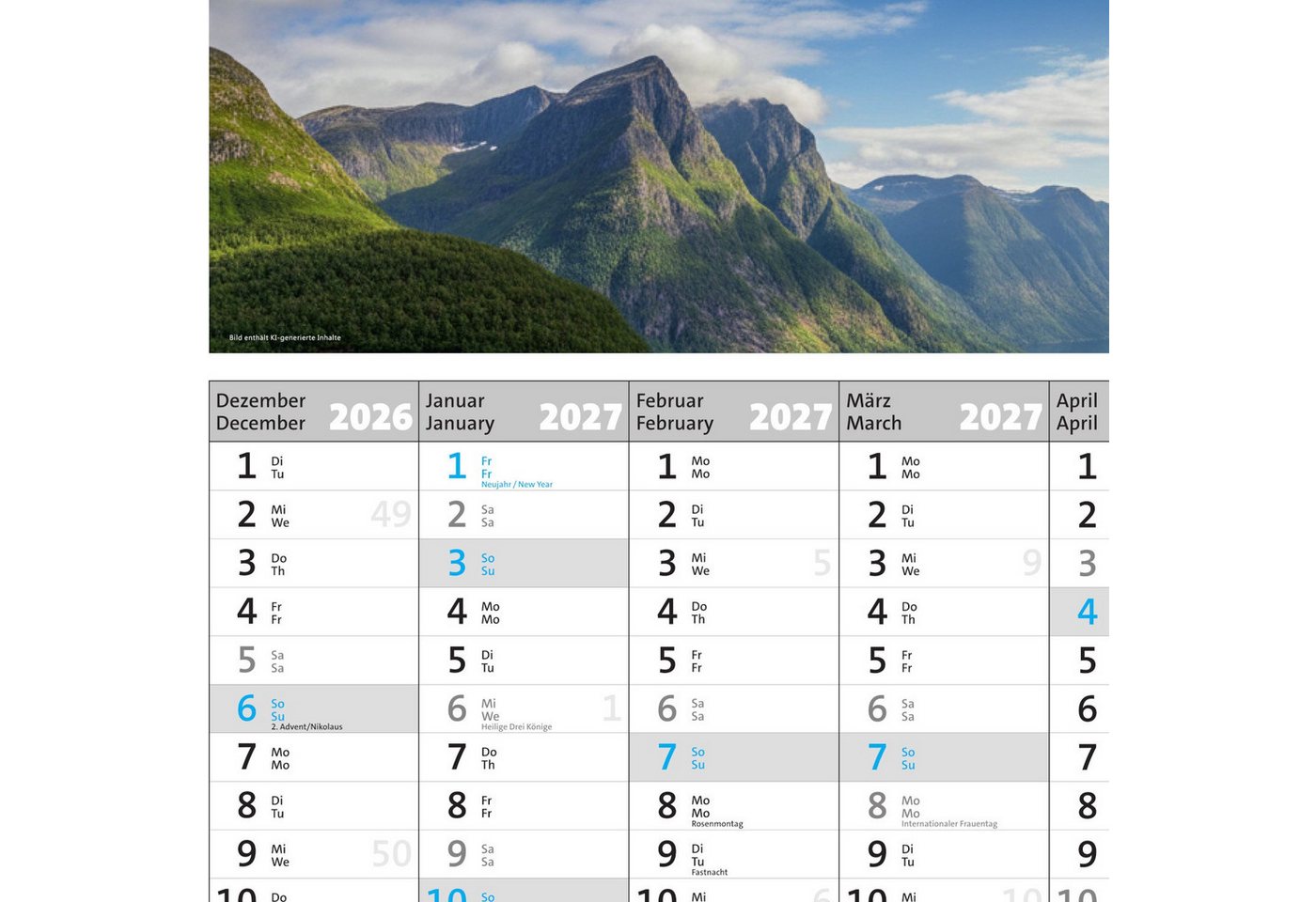 Anschütz Panoramakalender Panorama Wandplaner - Jahresplaner 2027 - 90 x 65 cm groß Bild 3