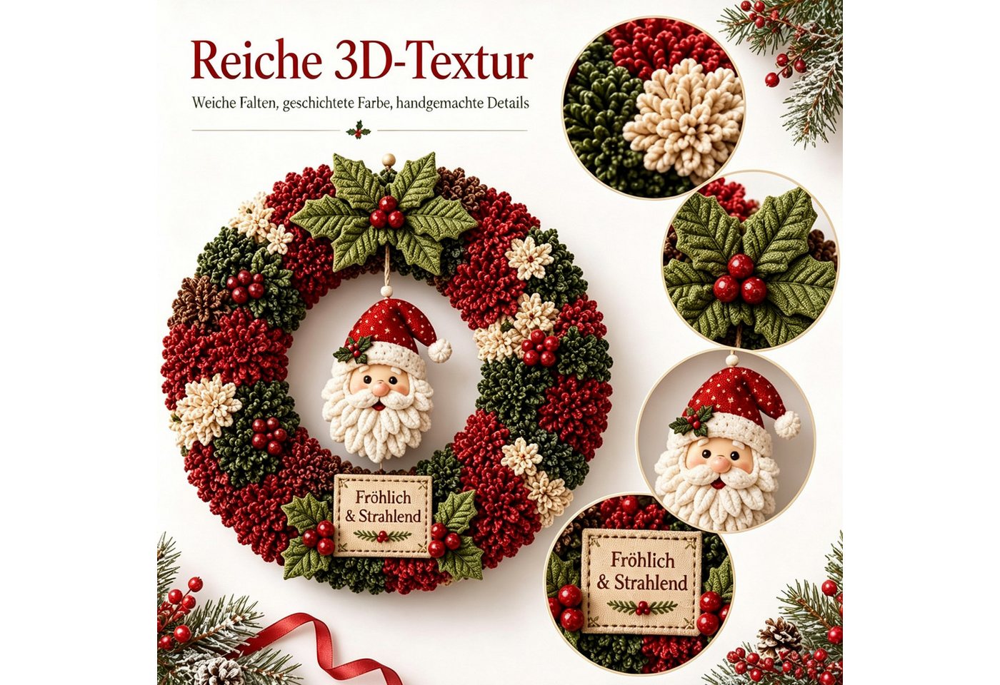 CLTYQ Kreativset 3D-Stoffkranz-DIY-Kreativset, Weihnachtskranz-Patchwork zum Aufhängen, Kreativset für die ganze Familie und Bastelfans