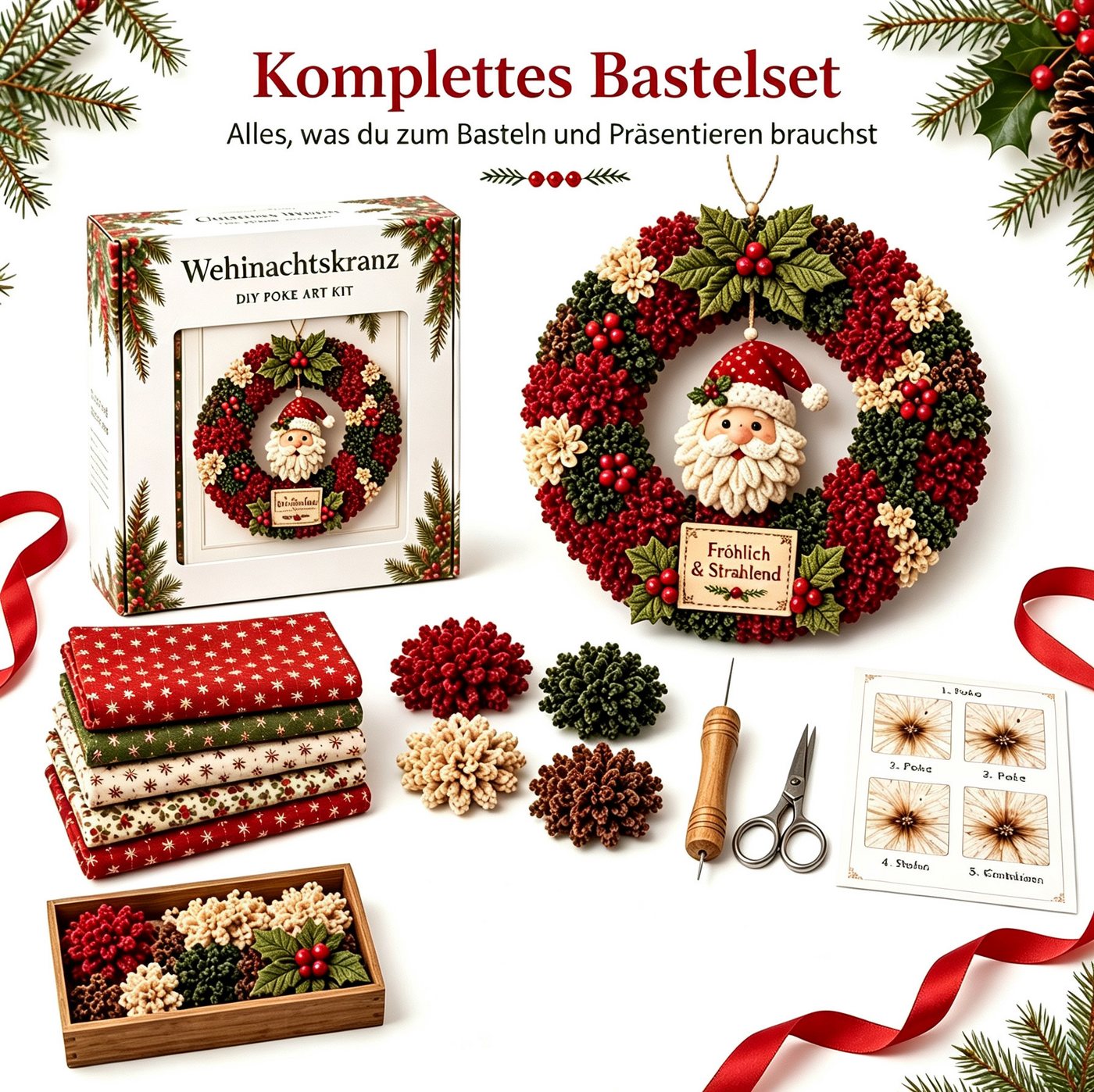 CLTYQ Kreativset 3D-Stoffkranz-DIY-Kreativset, Weihnachtskranz-Patchwork zum Aufhängen, Kreativset für die ganze Familie und Bastelfans Bild 2