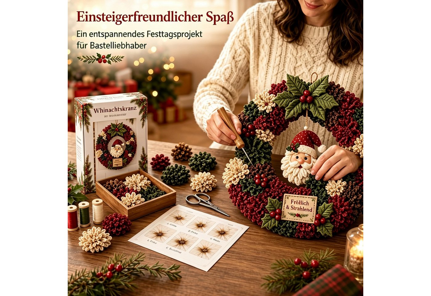CLTYQ Kreativset 3D-Stoffkranz-DIY-Kreativset, Weihnachtskranz-Patchwork zum Aufhängen, Kreativset für die ganze Familie und Bastelfans Bild 3