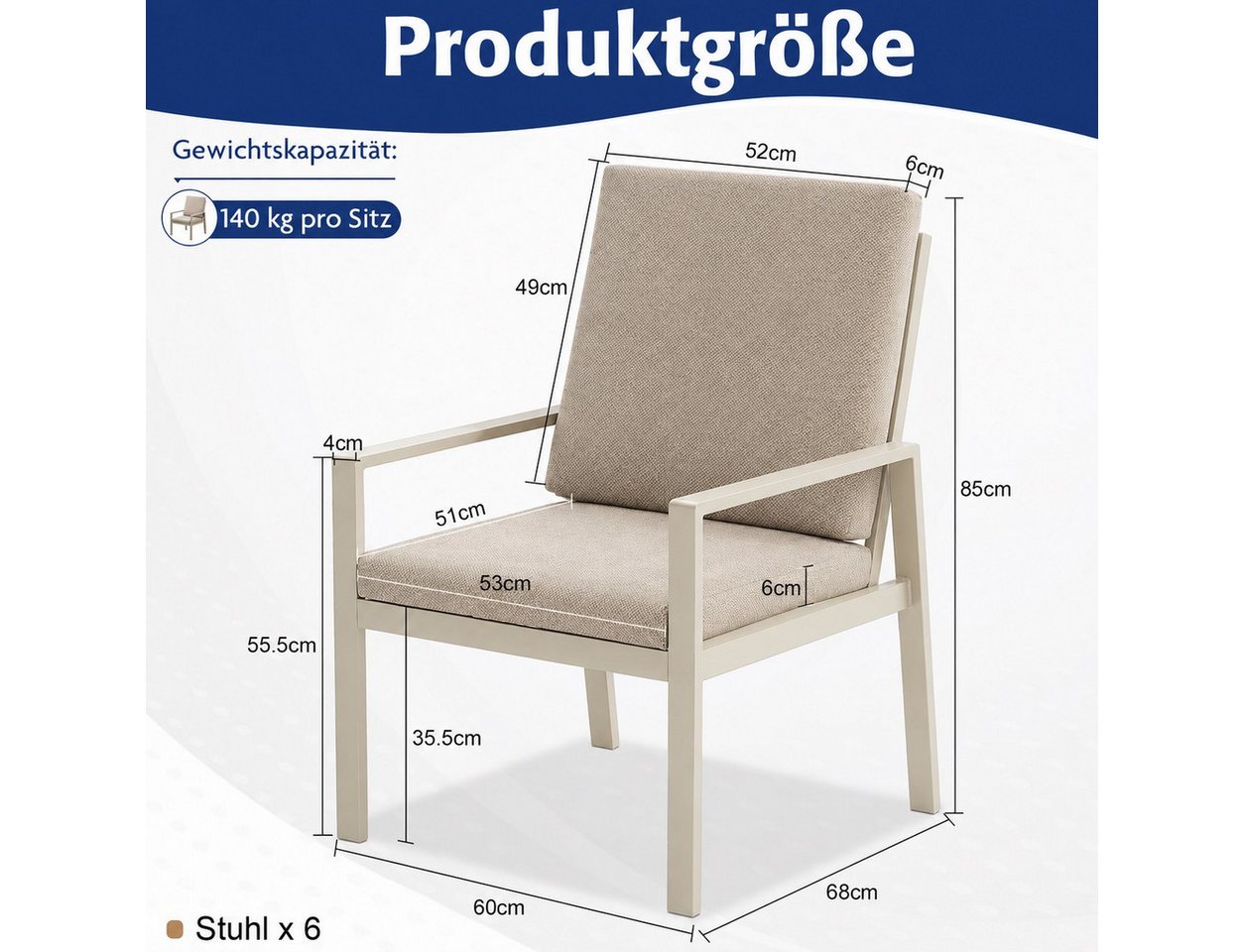 MeXo Gartenlounge-Set Alu Gartenmöbel-Sets Gartenstuhl, (6-tlg., 6 Esszimmerstühle, 60x 68x 85 cm, 12 Auflagen, bis zu 140 kg belastbar), wetterfest Gartengarnitur Set Bild 5